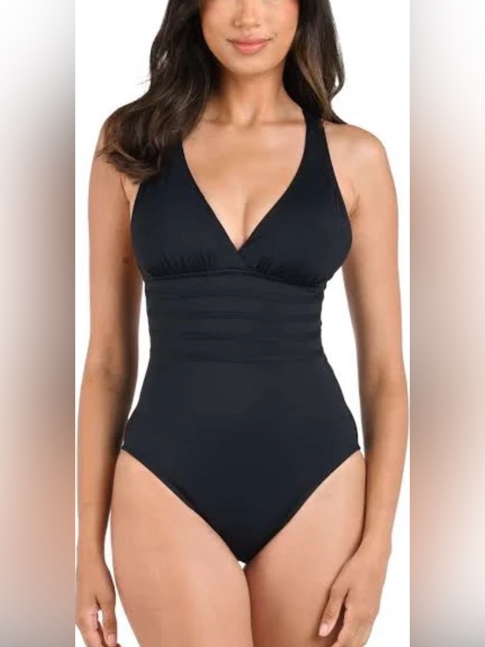 La Blanca Island Goddess Classic Black V-Neck One-Piece Swimsuit - Women Swim